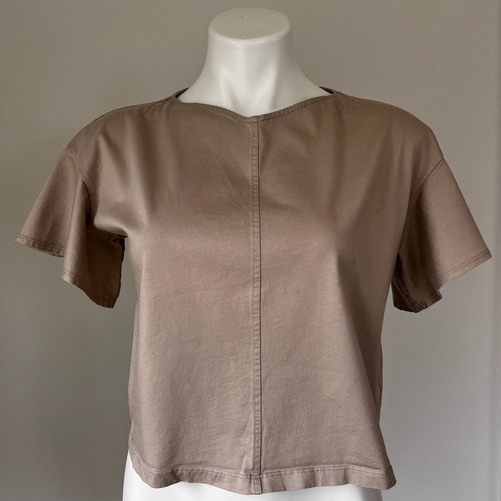 Uniqlo Tan Flutter Sleeve Boxy Cropped Short Sleeve Tee Shirt